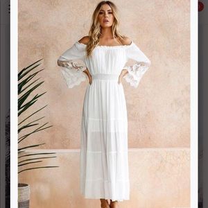 Lace Off-the-shoulder Flared Sleeve Maxi Dress